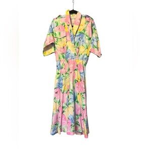 Vintage d. Frank Printed Women's Midi Dress Pink Yellow Blue Short Sleeve 10/12